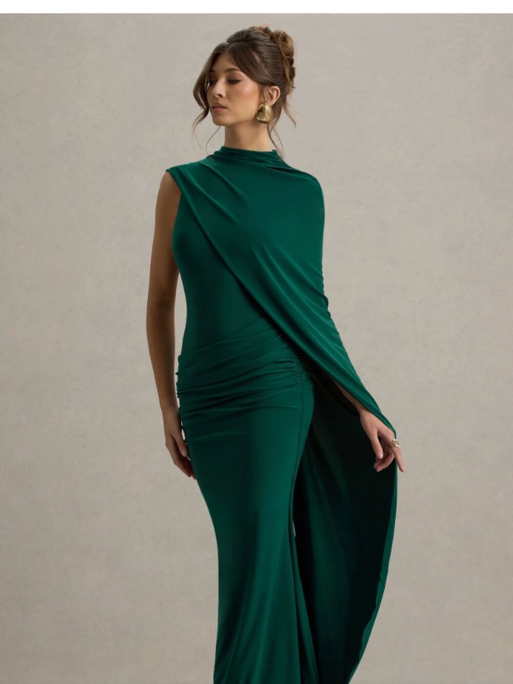 Bottle Green Cape-Sleeve Draped Maxi Dress